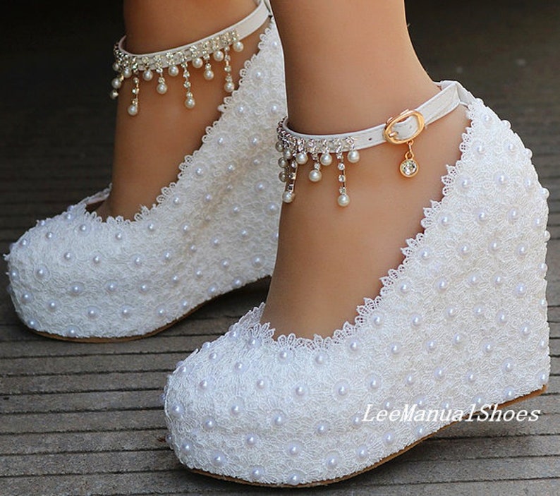 Handmade Lace Wedding Shoes White Wedding Wedges Ankle Strips Pearl Wedding Shoes Lace Bridal Shoes for BridalBridesmaid Bridal Shoes