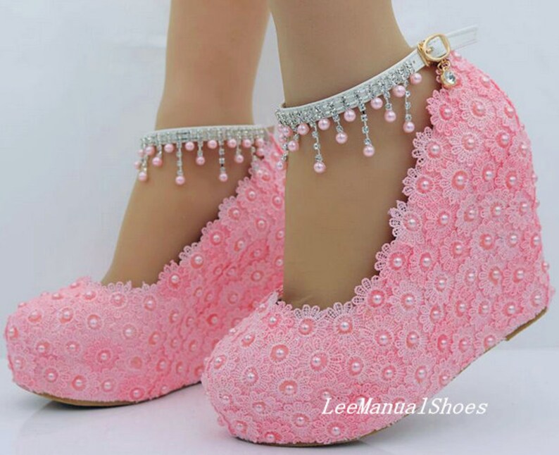 Handmade Lace Wedding Shoes White Wedding Wedges Ankle Strips Pearl Wedding Shoes Lace Bridal Shoes for BridalBridesmaid Bridal Shoes