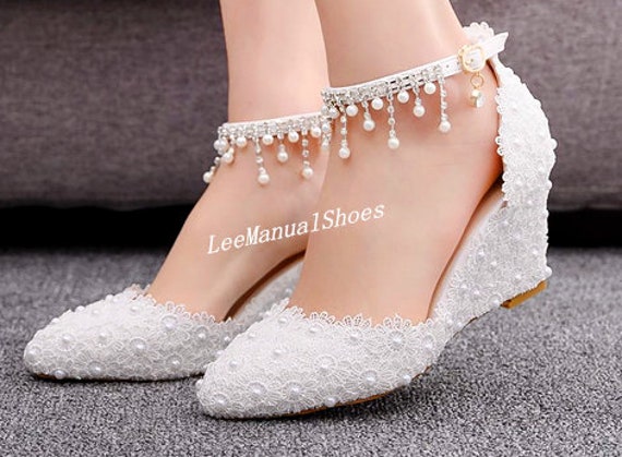 white bridal wedges