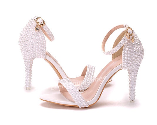 Custom White Ivory Pearl Wedding Shoes Fish-mouth High-heeled | Etsy