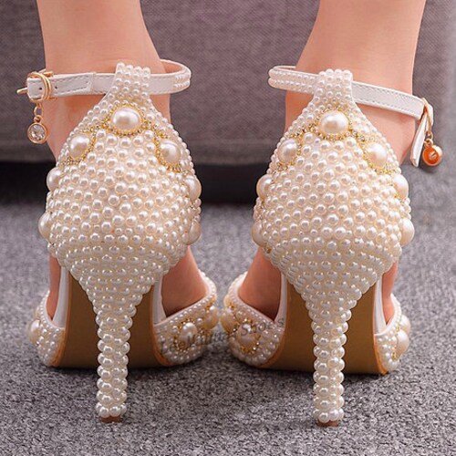 Handmade Women White/Ivory Wedding High Heel Pearl Wedding Shoes Lace Shoe for Bridal/Bridesmaid shops Shoes Women Dancing shoes Pearl High Heels