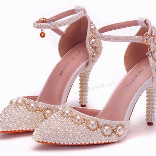 Handmade Women White/Ivory Wedding High Heel Pearl Wedding Shoes Lace Shoe for Bridal/Bridesmaid shops Shoes Women Dancing shoes Pearl High Heels