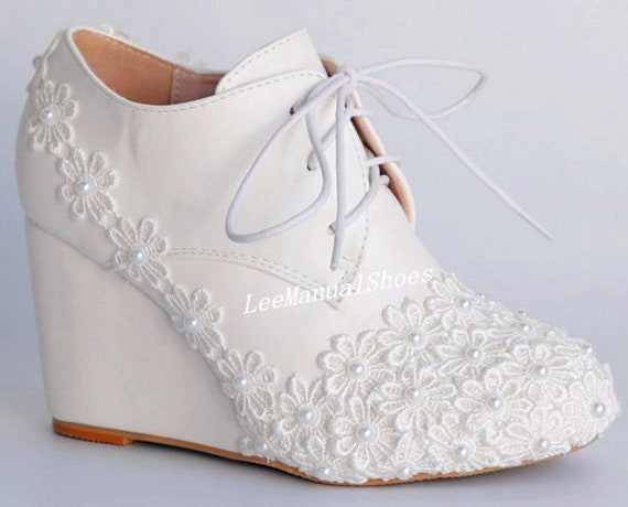 Handmade White Pearl Wedding Boots Lace 
