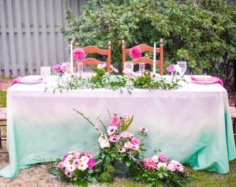 Ombre Linen Tablecloth – Pastel Pink and Green Garden Party Decor