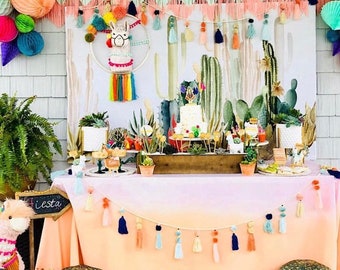 Ombre Linen Tablecloth – Llama Cactus Party, Pastel Colors
