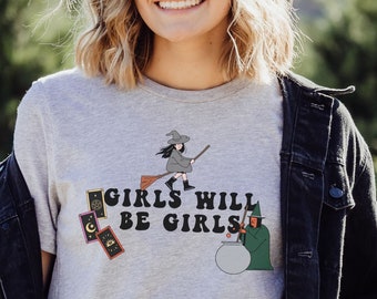 Girls Will Be Witchy Funny Halloween camiseta, camiseta unisex con cuello redondo