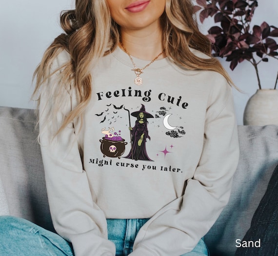 Feeling Cute, Might Curse You Later Witch Halloween Fall Crewneck Sweatshirt, Cute Halloween Top, Gift for Coffee Lover