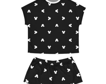 Zwart-witte Mickey Mouse korte pyjamaset voor dames (AOP)