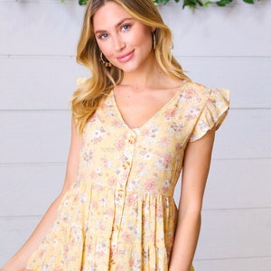 Yellow Floral Button Up Lined Dress