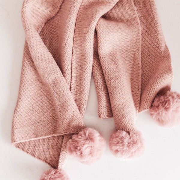 Knitted Fuzzy Pom Pom Scarf In Blush
