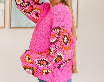 Crochet top, Womens top, boho knit top, Can't Stop this Feeling V-Neck Hot Pink Knit Sweater