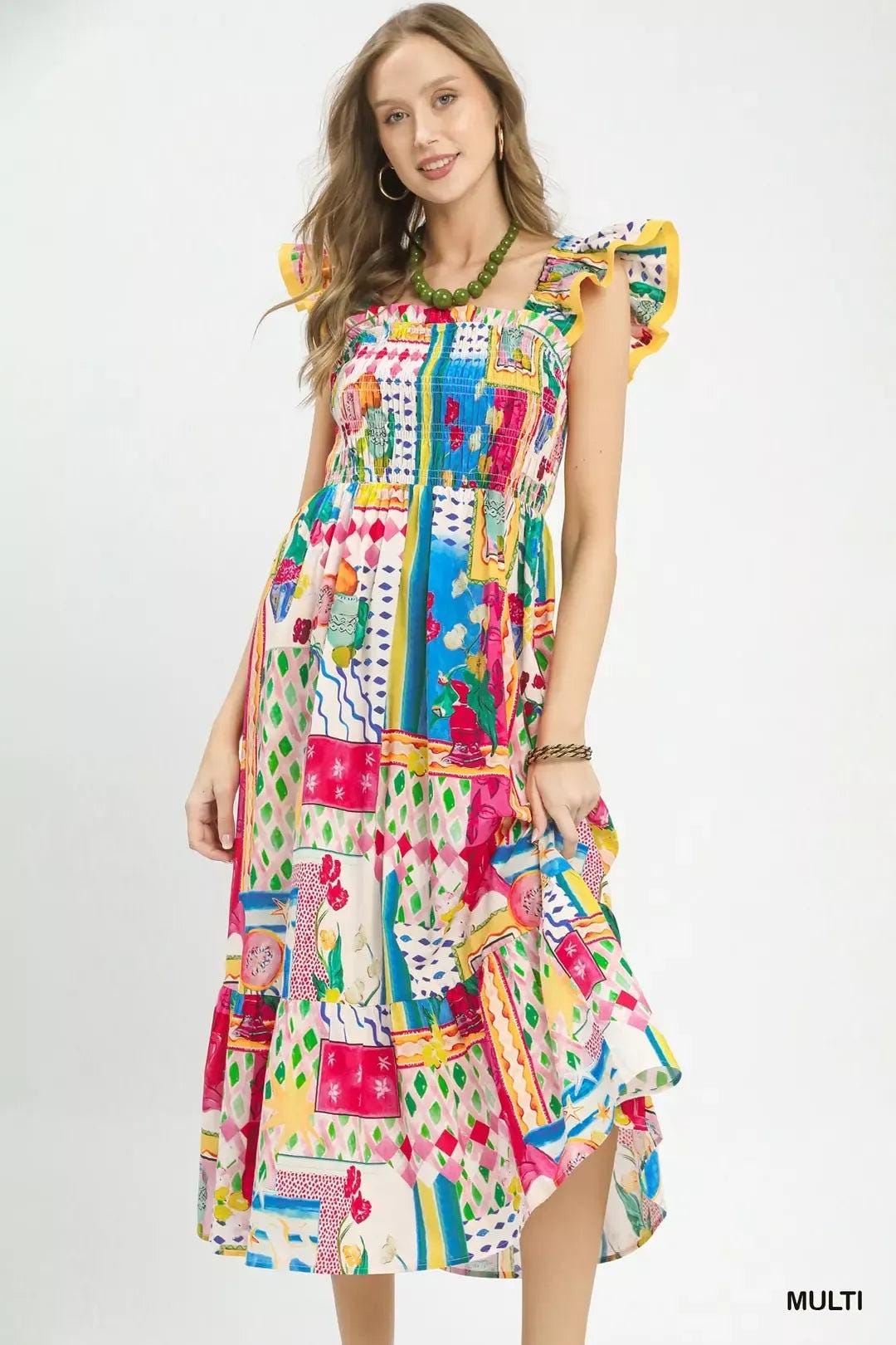Smocked Cotton Ruffle Midi Dress