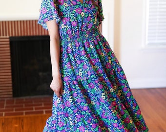 floral maxi dress Eyes On You Navy Neon Floral Smocked Waist Maxi Dress