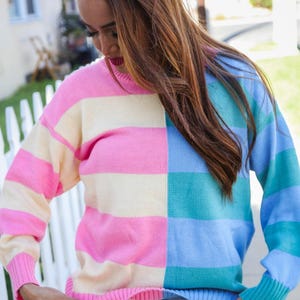 sweater, womens sweater, colorful sweater, Catch Glances Blush & Blue Stripe Color Block Knit Sweater