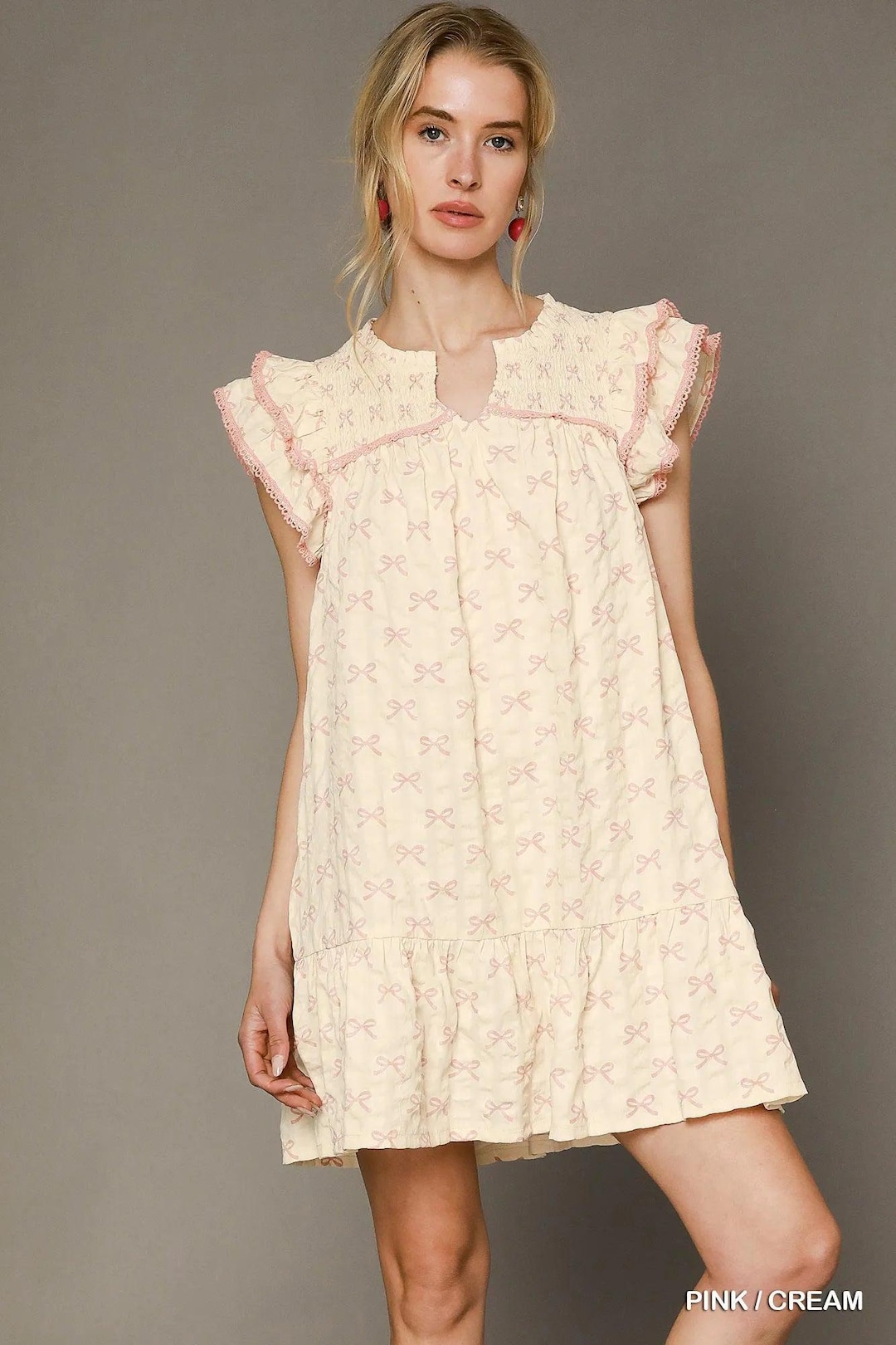 PEACH SPOT PUFF SLEEVE DRESS WITH BACK BOW 3-10 YRS