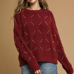 Holiday Sweater Womens Cozy Reserve Pearl Embellished Holiday Sweater in Wine