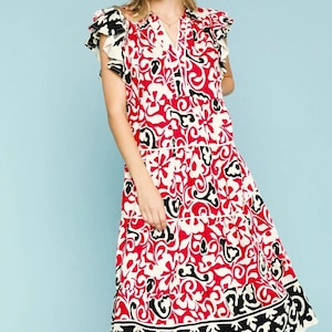 Boho Maxi Dress Printed Ruffled Cap Sleeve Midi Dress