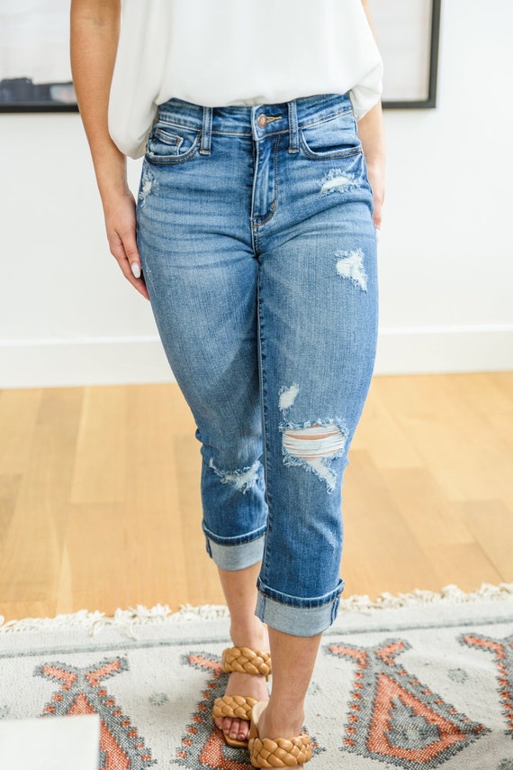 Judy Blue Courtney Mid-rise Cuffed Capri Jeans Capris Denim - Etsy