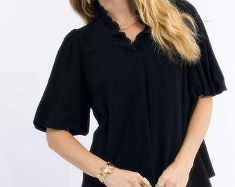 Heirloom Linen Cotton Scallop Blouse in Black