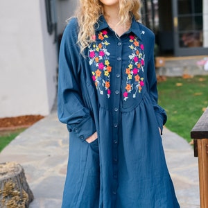 Embroidered shirt dress, Just Imagine Navy Floral Embroidered Button Down Long Sleeve Dress