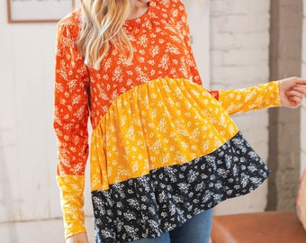 Boho Blouse, Sunflower Ditzy Floral Rib Color Block Babydoll Top, loose fit, plus size top