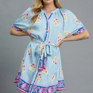 unique dress Whimsical Floral Print Tie Waist Short Sleeve Dress