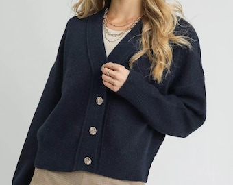 Navy Button Front Knit Cardigan