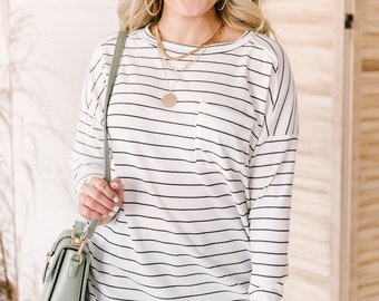 Ada Striped Top Womens Black and White Striped Lightweight Stretchy Material Casual Relaxed Fit Long Sleeve Tunic Top XS-3XL Plus Size