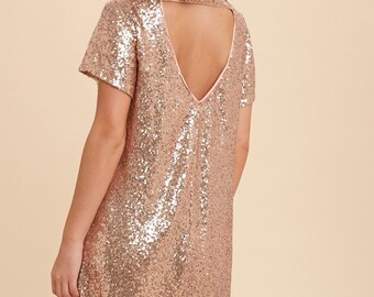 Gold Dress, Holiday Sequin Dress in Rose Gold, Taylor Swift Sequin Shirt  Dress, Sparkle Glitter T Shirt Dress, Dress With Pockets, - Etsy