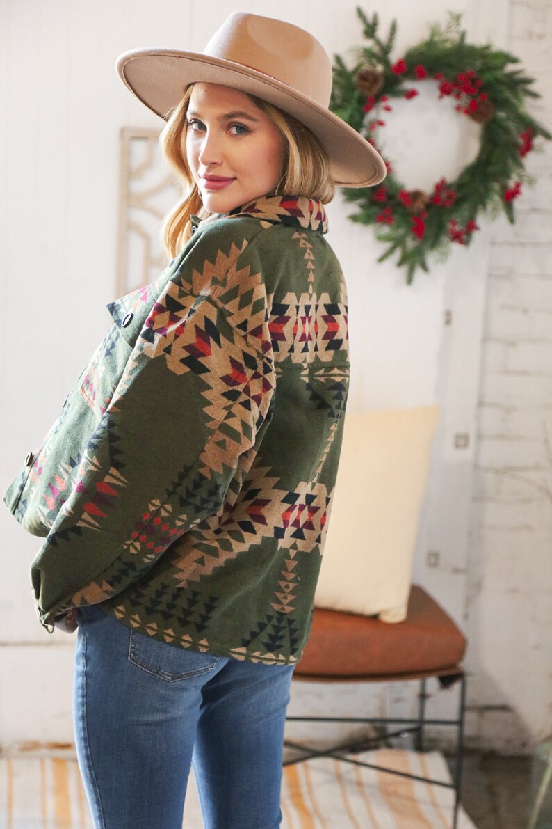 Shacket Women Olive Aztec Breast Flap Pocket Holiday Shacket - Etsy