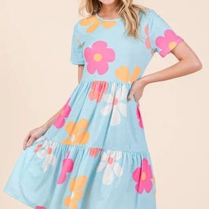 Daisy dress cute Floral Round Neck Short Sleeve Tiered Dress swing dress floral colorful cute and casual womens dress