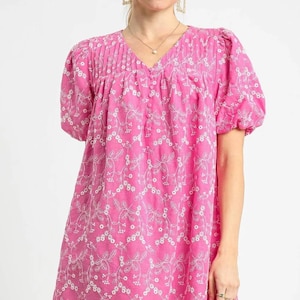Pink Dress Skys Floral Puff Sleeve V-Neck Embroidery Mini Dress pink western style cute dress