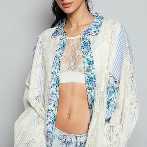 Womens Shirt Blouse Lace Long Sleeve Shirt with Floral and Striped Pattern