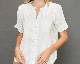 Victorian Cotton Blouse, Ruffled Peter Pan Collar Top