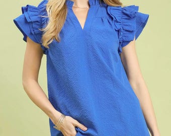 Patina Blue Classy Blouse Textured Ruffle Sleeve Notched Top