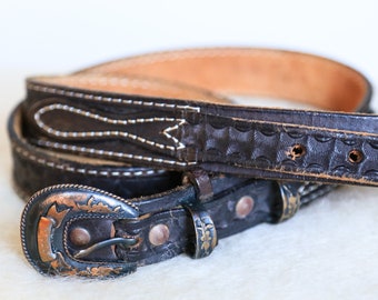 Southwestern Hand Tooled Skinny Dark Brown Leather Belt w Metal Buckle and Tip | Bohemian Leather Belt | Hand made Vintage Boho Brown Belt