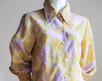 Vintage 70\u2019s blouse women\u2019s xxl purple yellow floral print