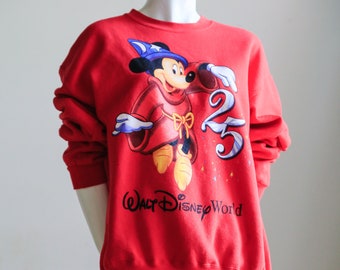 Disney World 25th Anniversary Sweatshirt | Mickey Mouse | Wizard | Disney Parks| Collectible |Crewneck | Collectible | Red | Celebration