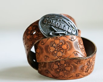 Vintage Colorado Mines Buckle Hand Tooled Leather Belt Hand Made