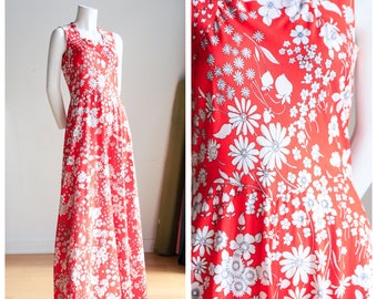 70s Red White Floral Maxi Dress | Long Floral Dress |Wide Strap Cotton Sleeveless Maxi |1970s Garden Party Summer Dress |Floral Summer Dress