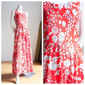 70s Red White Floral Maxi Dress | Long Floral Dress |Wide Strap Cotton Sleeveless Maxi |1970s Garden Party Summer Dress |Floral Summer Dress