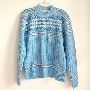 NEW Vintage Jantzen Floral Baby Blue Cable Knit Mock Neck Pullover XL
