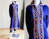 Vintage Long Sweater Coat Blue Floral Chunky Knit Sweater Coat A line Cobalt Blue chunky Knit Sweater Vintage Hand knit Sweater Coat