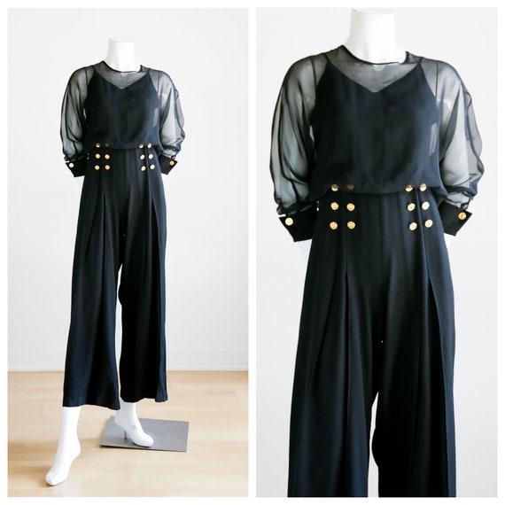 90s Black Wide Leg Organza Detail Jumpsuit | Wide