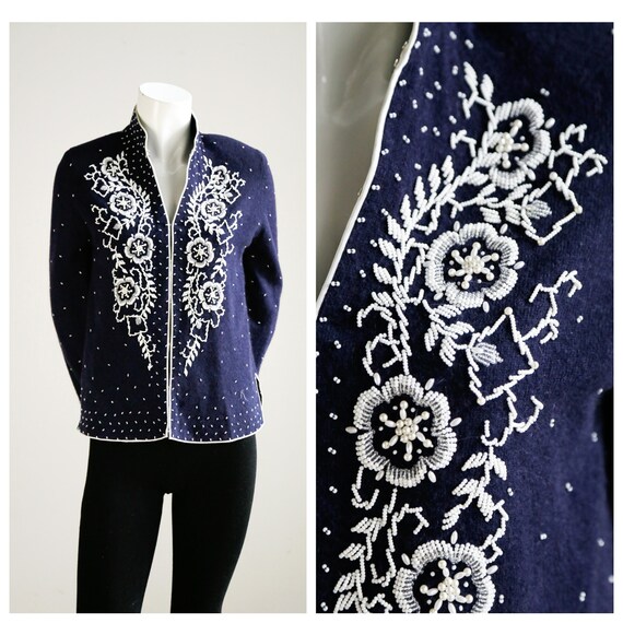 50's Floral Embroidered Beaded Wool Cardigan |Em