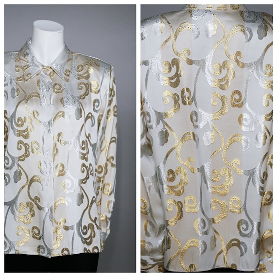 Vintage Silk Paisley Gold Silver Shiny Lurex Print