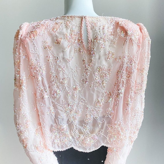 Vintage SILK Peach Pink Beaded Embroidered Croppe… - image 9