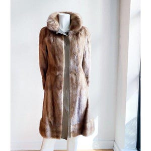 Vintage 70s Beige Mink And Leather Patchwork Knee Lenght Coat S