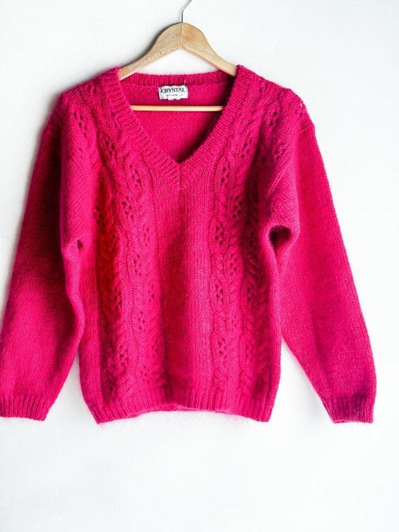 Vintage Mohair Wool Hot Pink Magenta V neck Sweater S