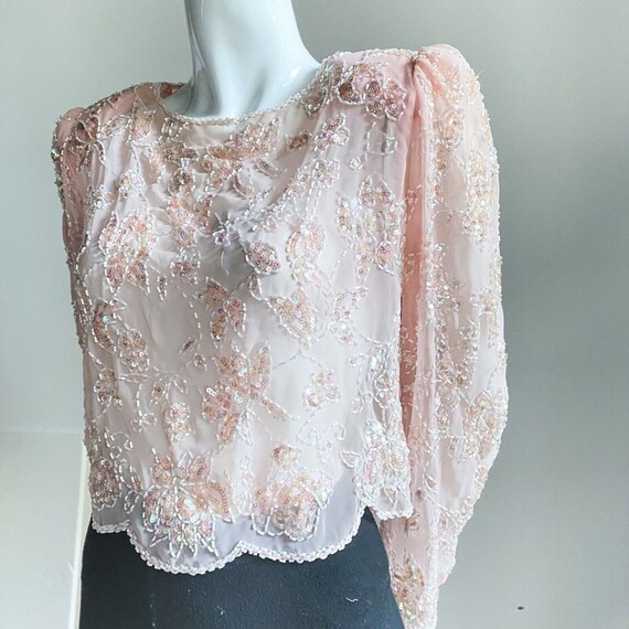 Vintage SILK Peach Pink Beaded Embroidered Croppe… - image 4